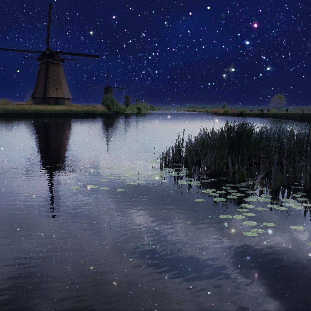星空のキンデルダイクの風車の画像 Nederwaard molen, Kinderdijk